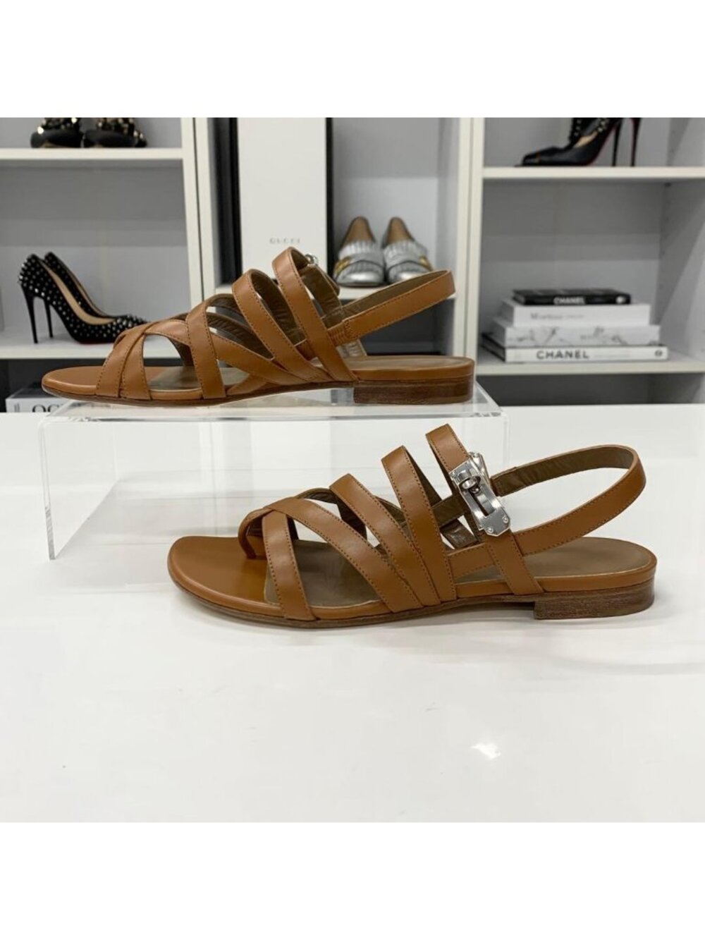 Hermes Leather Kelly Strap Sandals Brown - Picture 3 of 11